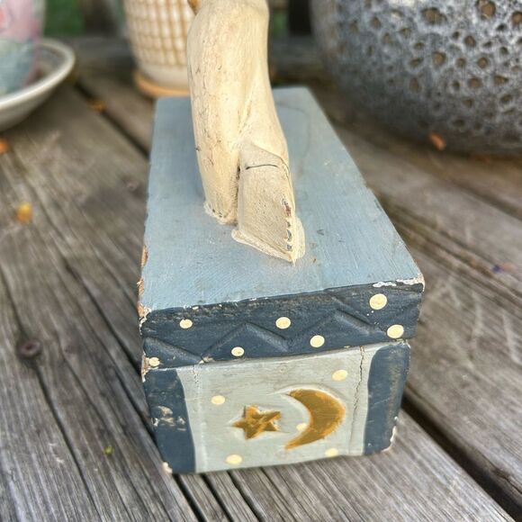 Indonesian Folk Art Sleeping Bhudha Box Carved Wood Hand Painted Stars Moon - Picture 12 of 14